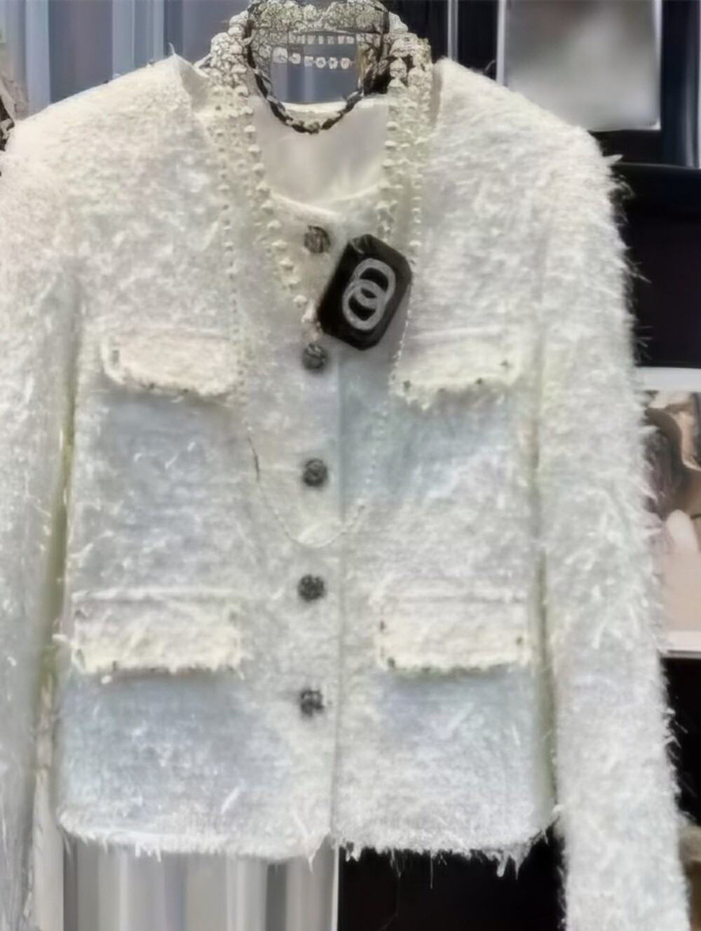 Source Unknown Cream Textured Tweed Jacket with Crystal Buttons